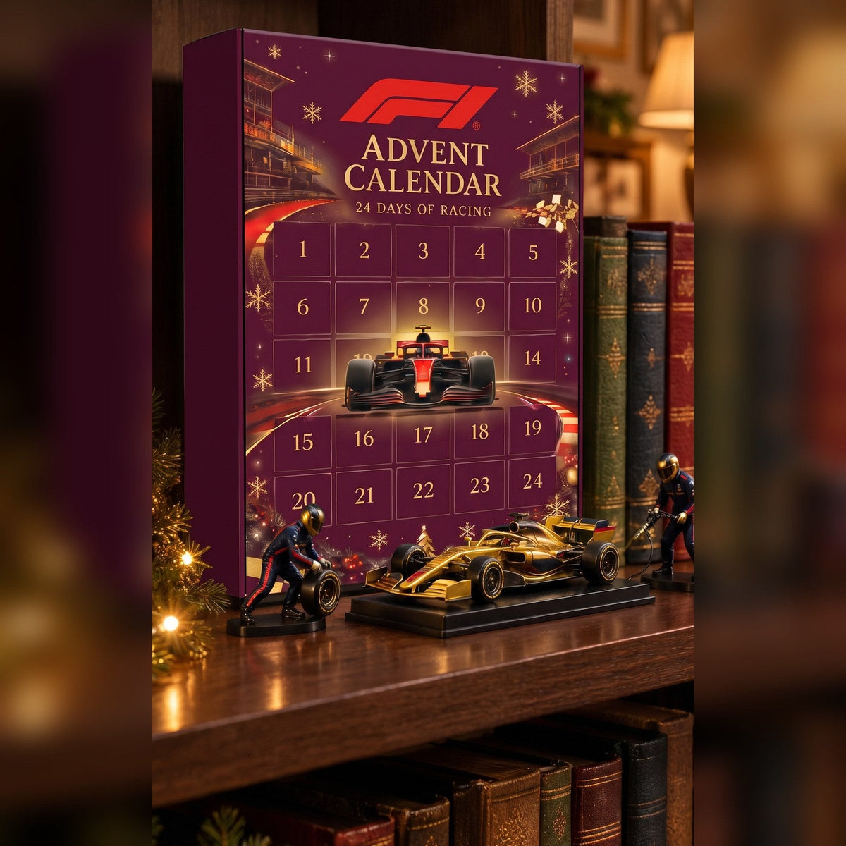 Calendrier de l'Avent racing exposé sur une étagère